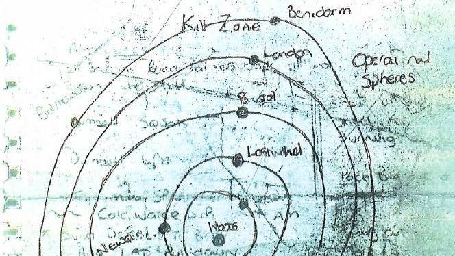 Photocopy of the top part of a page of notepaper which has concentric circles drawn on it. Each cricle has a black dot at various points on it's circumference. In order of descending size the circles are labelled Benidorm, London, Bristol, Lostwithiel, Newquay and woods. The words "kill zone" appear at the top of the page and to the left are the words "operational spheres". 