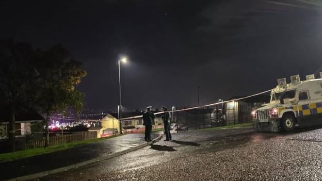 Police officers at the scene of a security alert at Campion Court in the Waterside. There is a security cordon behind them and a white, blue and yellow police vehicle to their right. There is a tree to the left and houses in the background, as well as a street light.