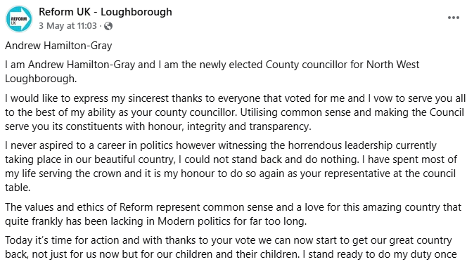 A Facebook Post with a message from Andrew Hamilton-Gray