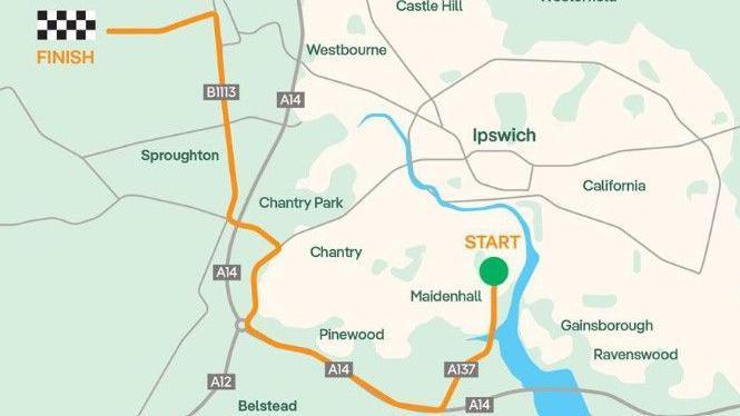 A map of Ipswich that shows the route that the abnormal load will take out of the town highlighted in orange. The orange line begins near Maidenhall and ends west of the city.