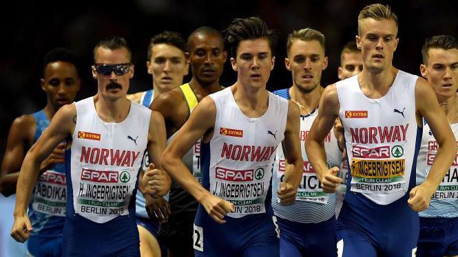 Henrik, Jakob and Filip Ingebrigtsen in action at the 2018 European Championships in Berlin