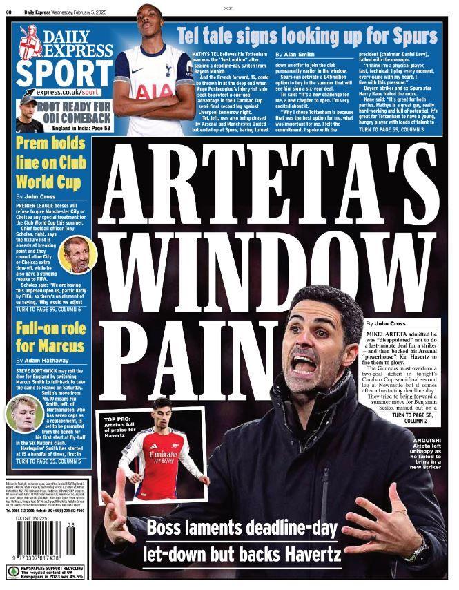 Express back page - 'Arteta's window pain'