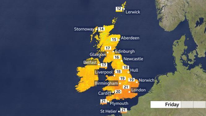 A weather chart showing Friday afternoon's temperatures - ranging from 12C in Lerwick to 21C in Plymouth, London and St Helier
