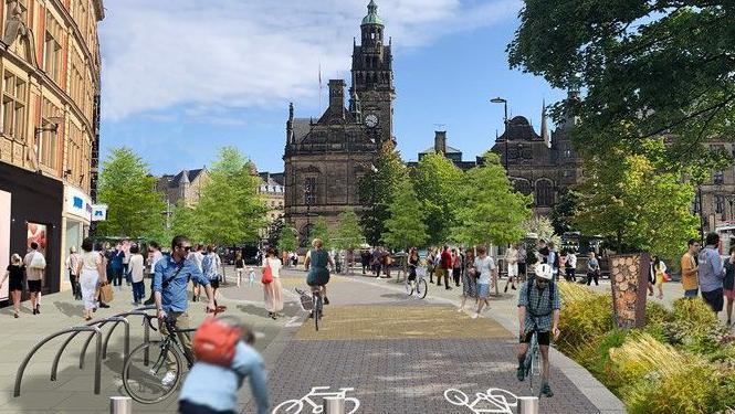 An artist's impression shows pedestrians and cyclists moving around a city street 