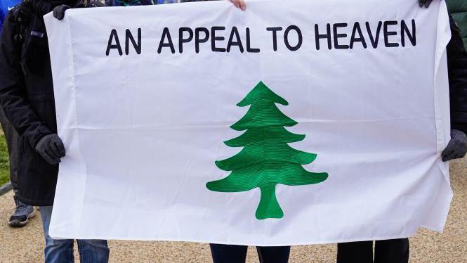 Pro-Trump protesters hold the pine tree flag in Washington on 6 January 2021