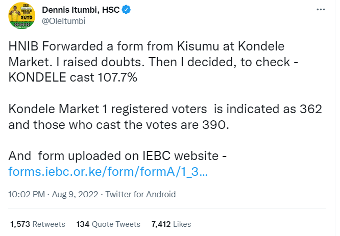 Screenshot of election results posted by Dennis Itumbi