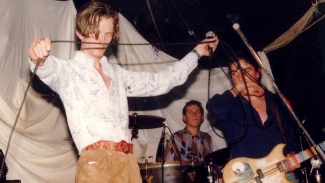 Jarvis Cocker and two other band members performing on the stage at The Leadmill in 1988.