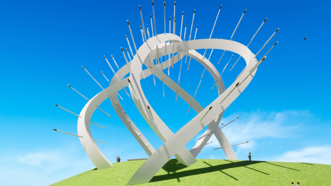 star of Caledonia twisting spiked sculpture on a green hill with sky background - artist's impression