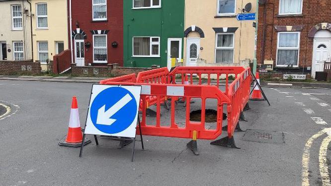 The cordon around the sinkhole in Lowestoft