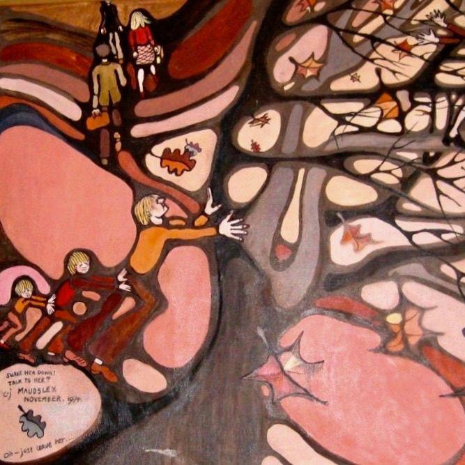 Pink oil painting of a tree and human figures climbing up one side of it and others heading along a path into the sky