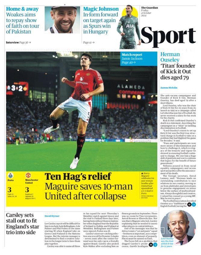 Guardian sport page: 'Ten Hag's relief'