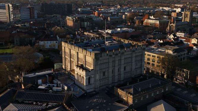 An aerial drone picture of Norwich Castle in the centre of Norwich city centre.