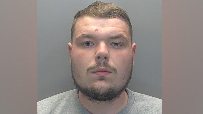 Reis Treby is looking at the camera in a police custody photo. He has short, light brown hair and a beard and moustache. He is wearing a grey top