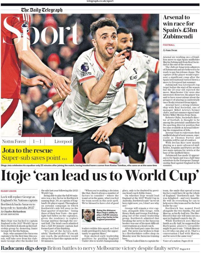 Telegraph lead sports page