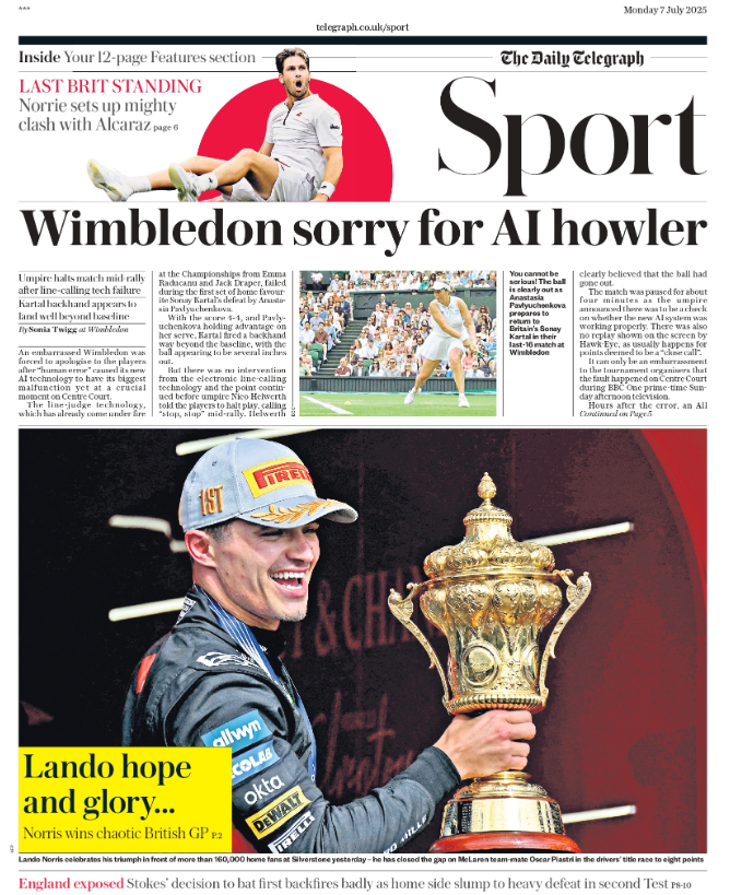 The front page of the Telegraph sports section