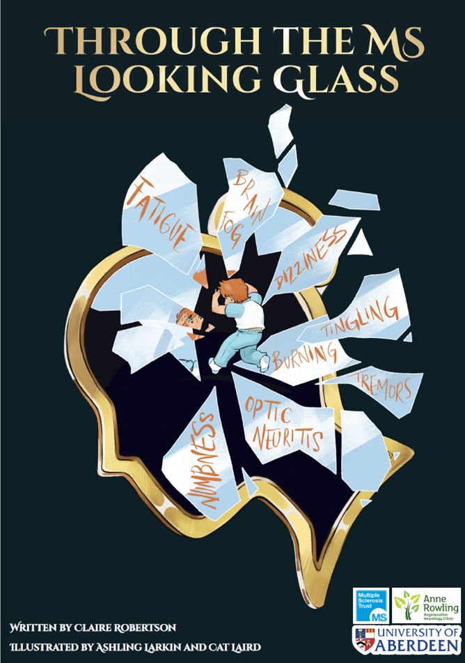 Front cover of the comic reads "through the MS looking glass". It has a boy with his head in his hands surrounded by broken glass outlining symptoms. 