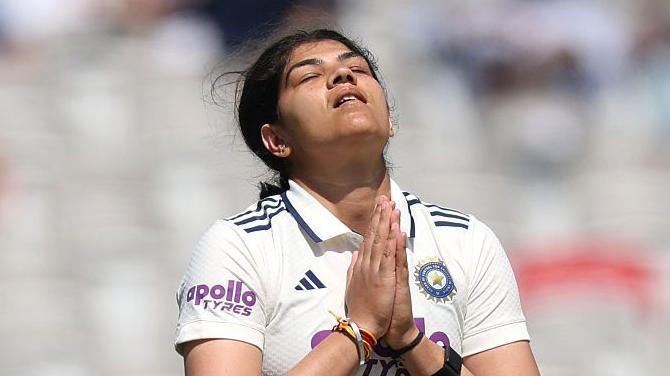 India batter Yastika Bhatia celebrates her century during day three of the 1st Women's Rothesay Test Match between England and India at Lord's Cricket Ground on July 12, 2026 in London, England.