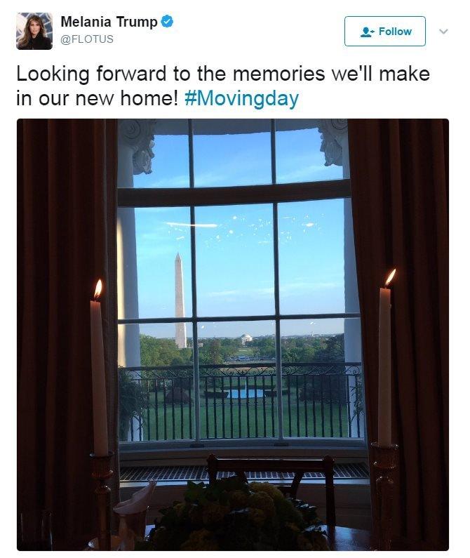 A tweet from Melania Trump's @FLOTUS account, saying "Looking forward tot he memories we'll make in our new home! #Movingday"