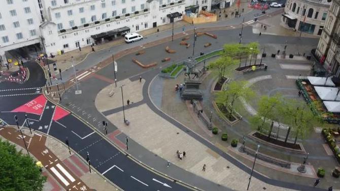 An aerial view of Leeds City Square following its pedestrianisation