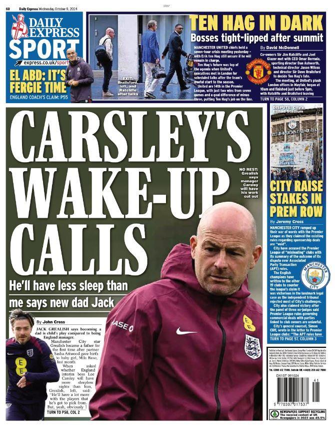 Express back page: 'Carsley's wake-up calls'