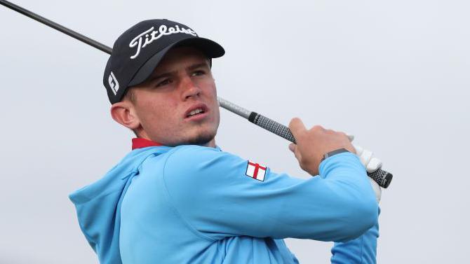 Tyler Weaver of England tees off during previews for the 2024 Amateur Championship at Ballyliffin Old Course in Donegal