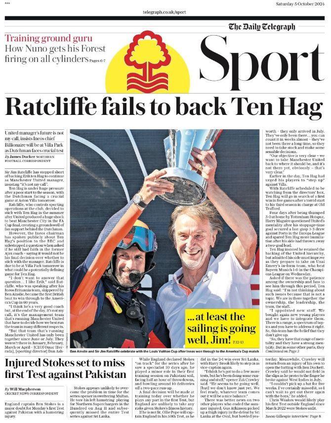 Telegraph back page: 'Ratcliffe fails to back Ten Hag'