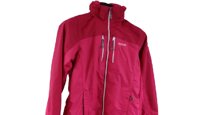 A pink outdoor jacket with white zip and pocket detail