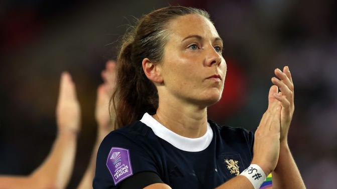 Scotland captain Rachel Corsie is seen at full time during the UEFA Women's Nations League match between England and Scotland at Stadium of Light 