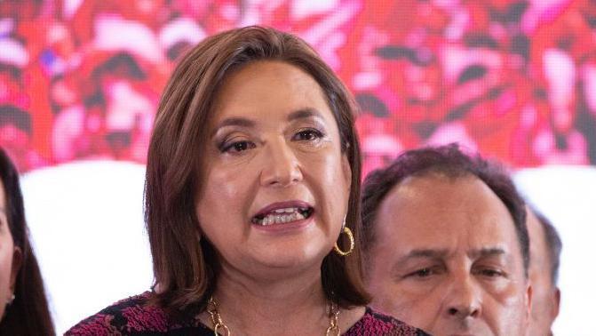 Mexico's opposition presidential candidate Xochitl Galvez of the Fuerza y Corazon por Mexico coalition party talks to supporters following the results of the general election in Mexico City, on June 3, 2024.