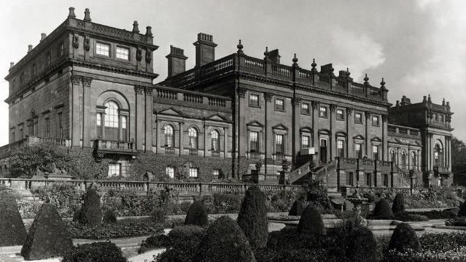 A black and white photo of Harewood House 