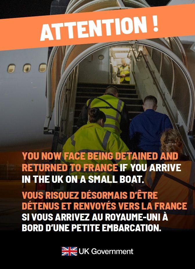 A leaflet shared by the Home Office which reads, in English and then French: ATTENTION! YOU NOW FACE BEING DETAINED AND RETURNED TO FRANCE IF YOU ARRIVE IN THE UK ON A SMALL BOAT.