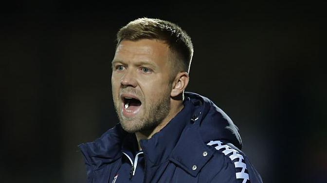 Nicky Featherstone shouting an instruction during a Hartlepool match with his mouth open and some chewing gum stuck to his teeth on the right-hand side