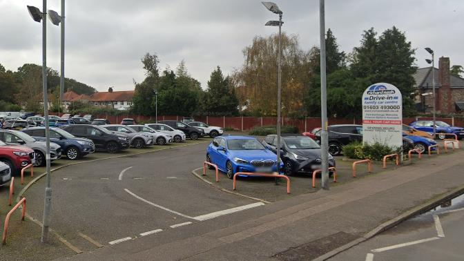 The former Richard Nash Cars forecourt on Mousehold Lane in Sprowston. A sign outside the front of the forecourt has the business logo and contact details on and there are an array of cars parked for people to be shown round.