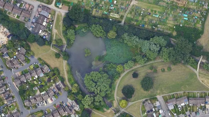 An aerial view of Saintbridge Balancing Pond