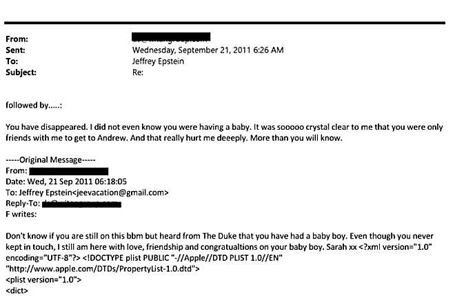 An email with the sender's email address redacted that was released by the US Justice Department