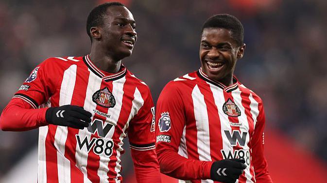 Habib Diarra celebrates scoring his Sunderland's second goal with teammate Noah Sadiki