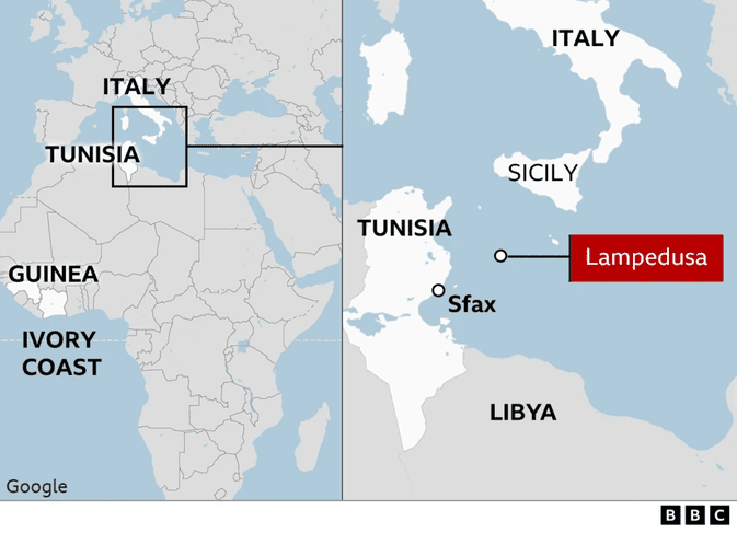 A composite image of two maps. The map on the left highlights the region of southern Italy's coast. The map on the right is a closer look at the islan of Lampedusa which sits between Tunisia and Sicily 