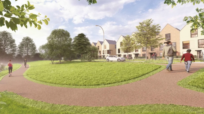 An artist's impression of parkland, showing a large green field, several trees, and pedestrians, as well as a lady running and a cyclist.