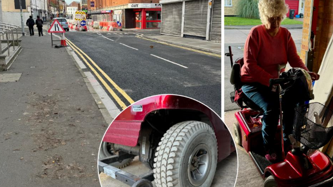 A picture in three sections: first the roadworks on Celebration Mile, second Sally Jones on her mobility scooter and third, in a small circle in the foreground, is a close-up of the tyre of the scooter 