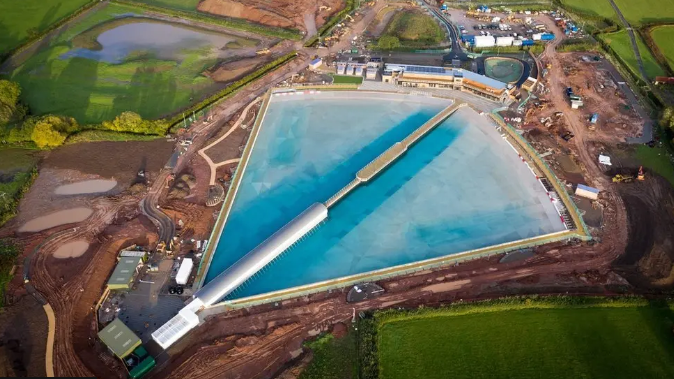 Shot from a drone, the image shows The Wave from above during construction