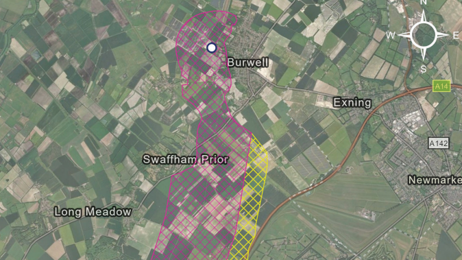 Image shows map of Burwell, Swaffham Prior, Exning, Newmarket and Long Meadow. A pink and yellow area is criss-crossed on the map to show the connection corridor as it comes from the south towards Burwell.