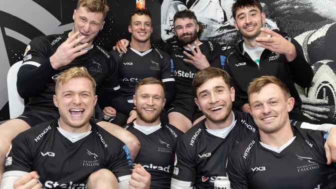 A group of Newcastle players in the dressing room after beating Saracens in the Prem in November 2024 