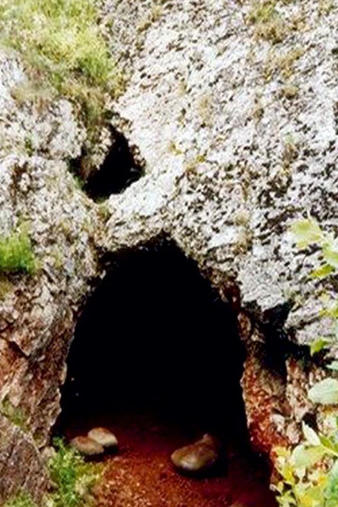 The entrance to the Oblazowa Cave. A small cavern below grey rocks opens into the cave. Grass and other vegetation is scattered around.