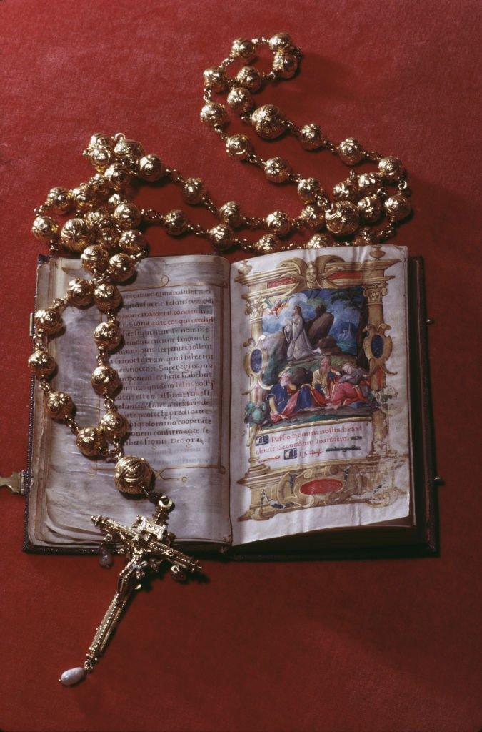 The rosary beads and bible belonging to Mary Queen of Scots (1542-1587) on display at Arundel Castle