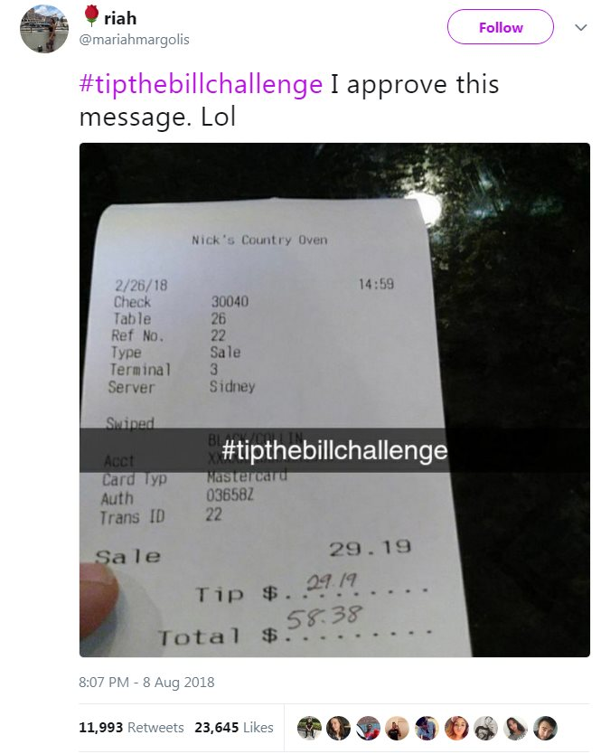 screen grab of a tweet from @mariahmargolis reading "#tipthebillchallenge I approve this message. Lol"