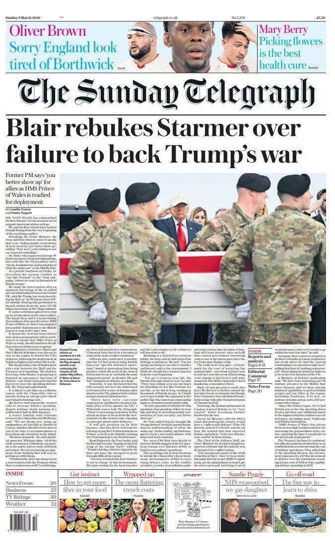 Në faqen e parë të gazetës Sunday Telegraph shkruan: “Blair e qorton Starmerin për dështimin në mbështetjen e luftës së Trumpit.”