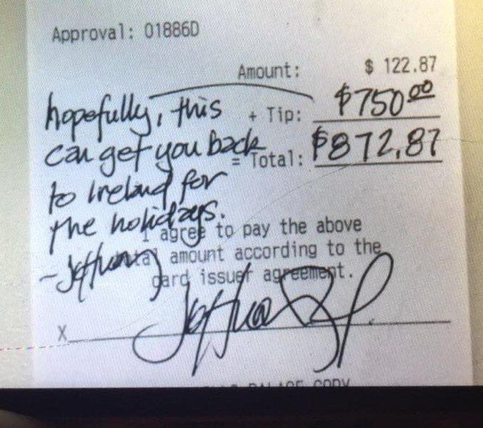 Photo of the receipt signed by the diner showing the extra large tip