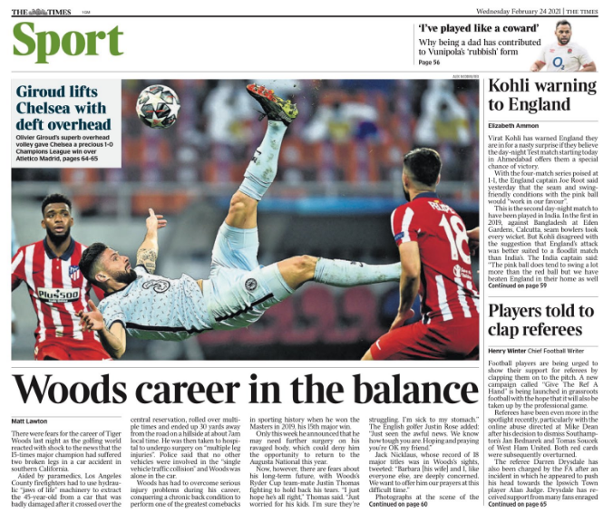 Wednesday's back pages: Times - 'Giroud lifts Chelsea with deft overhead'