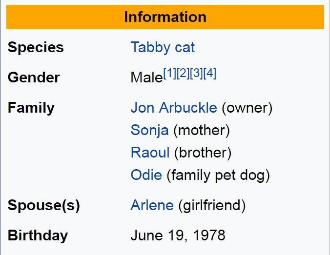 Screengrab of the information section on Garfield's Wikipedia entry