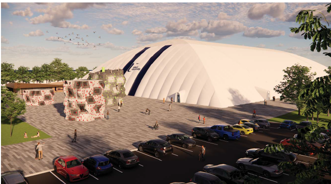 A design drawing of the proposed air dome sports arena in Derry in which the dome is seen in the background and people and cars in the foreground